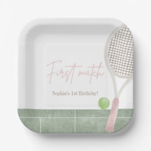 Pink Tennis First Birthday Girl Preppy Classic  Paper Plate