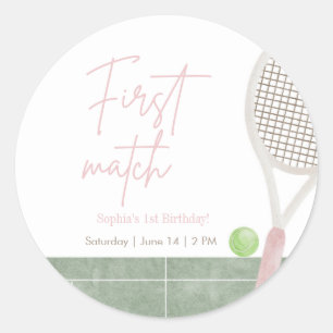 Pink Tennis First Birthday Preppy Girl Party Round Classic Round Sticker
