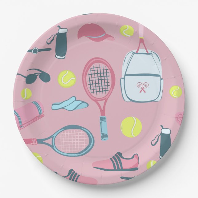 pink tennis racket ball court equipment paper plate (Front)