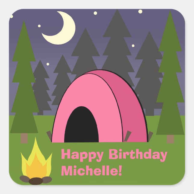 Pink Tent Birthday Camping Party Sticker (Front)