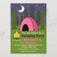 Pink Tent Camping Birthday Party Invitation
