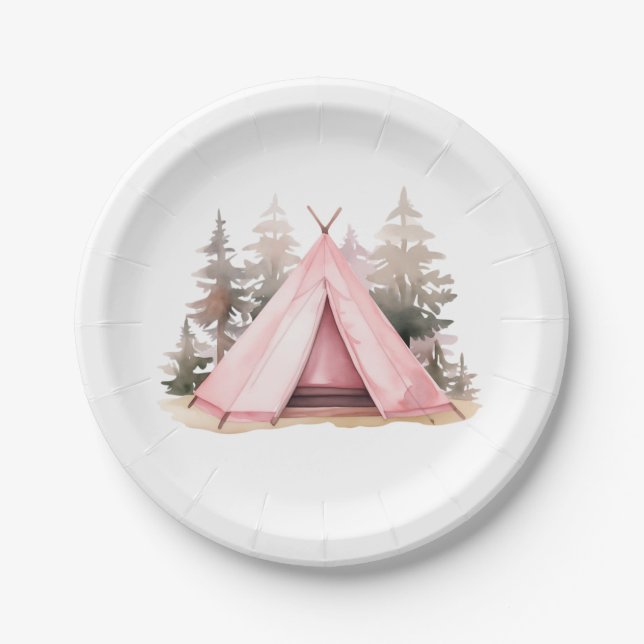 Pink Tent Camping Hiking Paper Plate (Front)