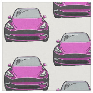 Pink Tesla Model Y Hand Drawn Sketch Fabric