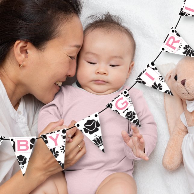 Pink Text Black Floral Patten Baby Girl Bunting Flags (Creator Uploaded)