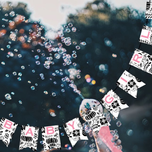 Pink Text Black & White Floral Pattern Baby Girl Bunting Flags (Creator Uploaded)
