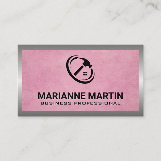 Pink Textured | Home Hammer Logo Business Card (Front)