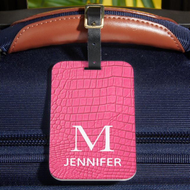 Pink Textured Leather Monogram Personalized Name Luggage Tag (Front Insitu 2)