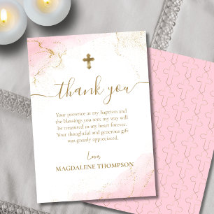 Pink Thank You Gold Cross Girl Baptism Card