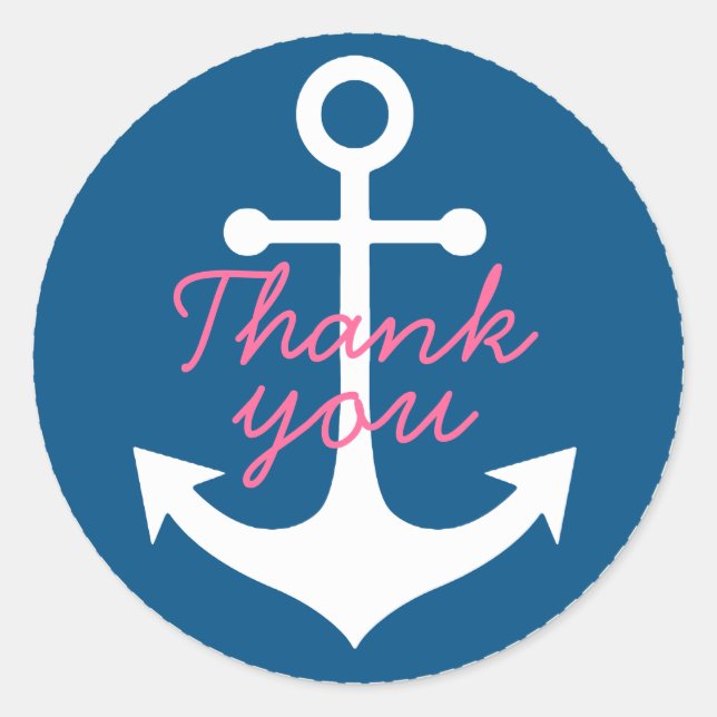 pink thank you on white anchor on blue classic round sticker (Front)