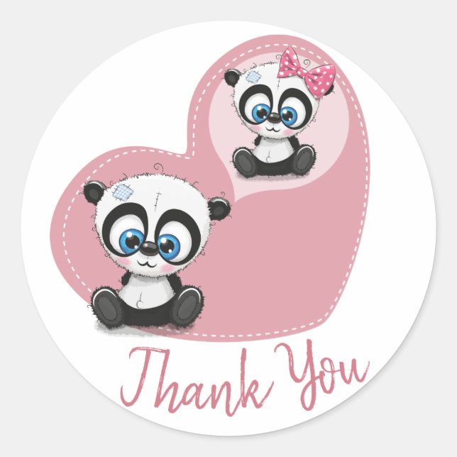 Pink Thank You Panda Teddy Bear Heart Wedding Classic Round Sticker (Front)
