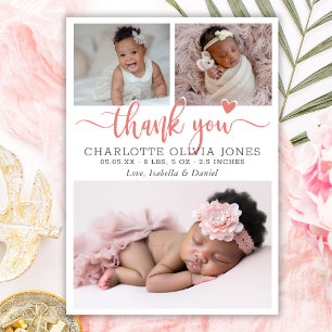 Pink Thank You Script Baby Girl Photo Heart Birth  Announcement