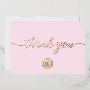 Pink Thank you Script Custom Logo Rose Gold  Foil Holiday Card
