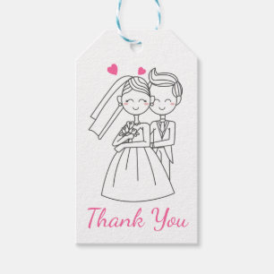 Pink Thank You Wedding Bride & Groom Cartoon Gift Tags