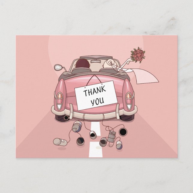 Pink Thank You Wedding Car Bride & Groom Cartoon Postcard (Front)