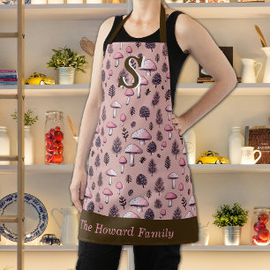 Pink Thanksgiving Fall Mushrooms Custom Monogram Apron
