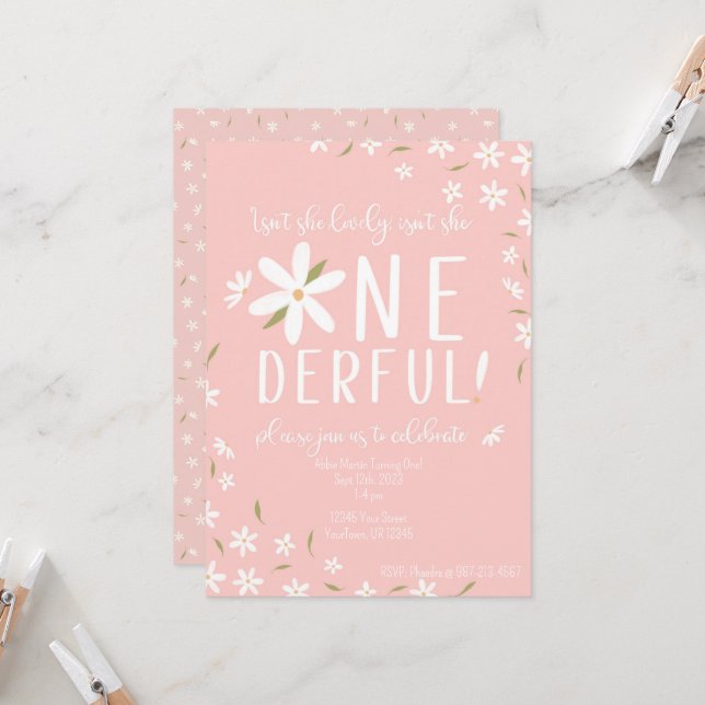 Pink Theme Isn't She Onederful Birthday Invite (Front/Back In Situ)