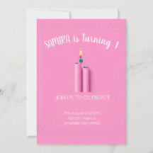 Pink themed 1st birthday invitation with candle