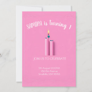 Pink themed 1st birthday invitation with candle
