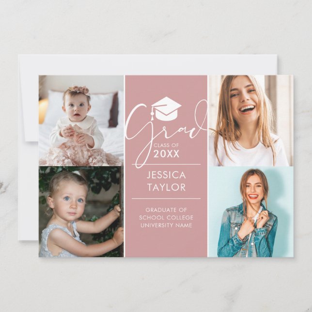 Pink Then And Now 4 Photo Graduation Party Invitation (Front)