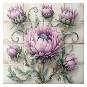 Pink Thistle Flowers Ceramic Tile
