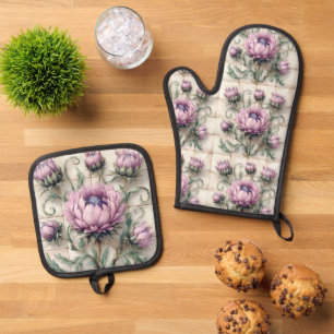 Pink Thistle Flowers Ceramic Tile Oven Mitt & Pot Holder Set
