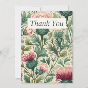 Pink Thistle Flowers on Cream Thank You Card