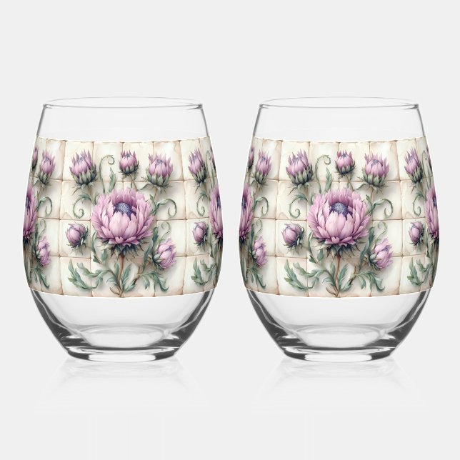 Pink Thistle Flowers Tile Stemless Wine Glass (Front)