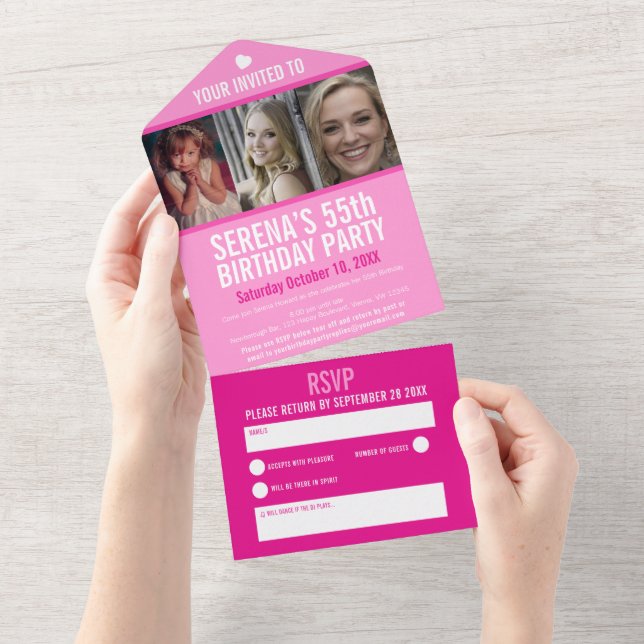 Pink three photos 55th Birthday party All In One Invitation (Tearaway)