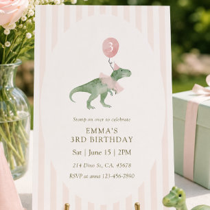 Pink Three Rex Dinosaur balloon Third Birthday Invitation