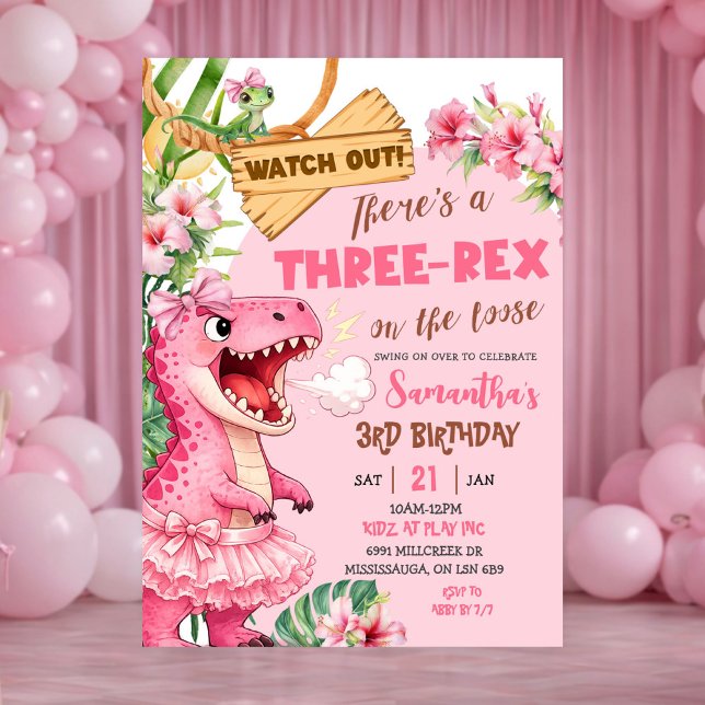 Pink Three Rex On The Loose Third Birthday Invitation (Creator Uploaded)