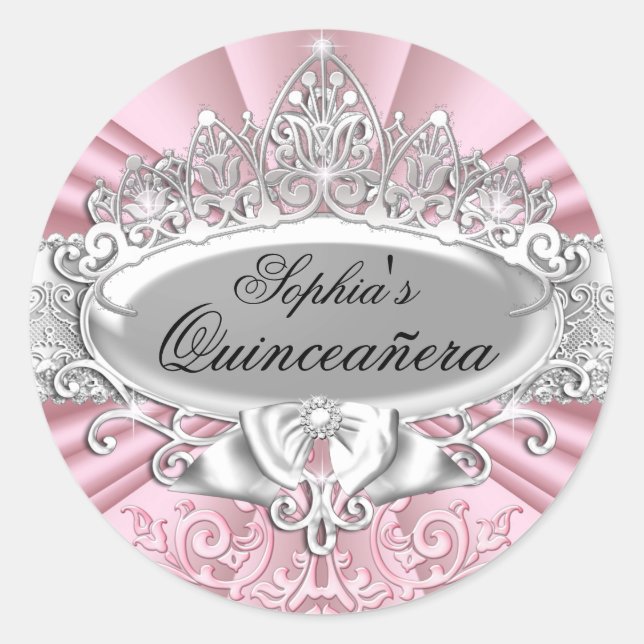 Pink Tiara & Damask Quinceanera Sticker (Front)
