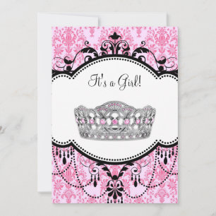 Pink Tiara Pink Black Damask Baby Shower Invitation