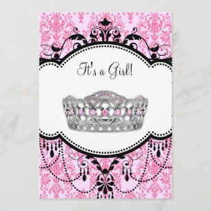 Pink Tiara Pink Black Damask Baby Shower Invitation