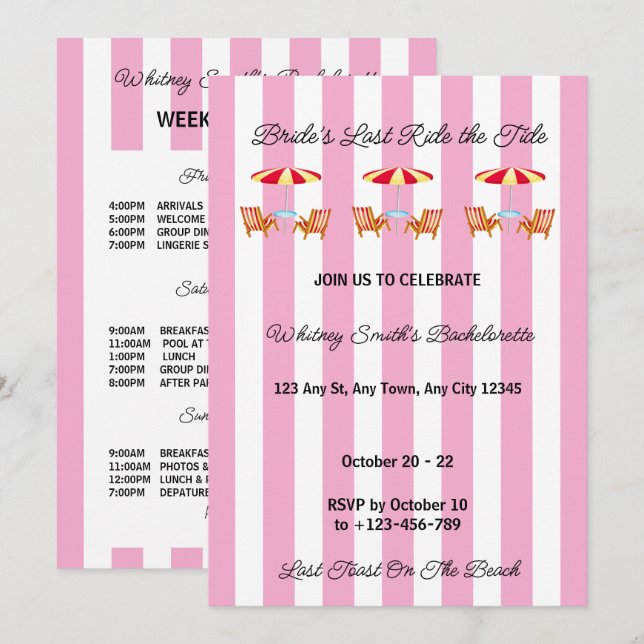 Pink Tide Beach Bachelorette Party Invitation (Front/Back)