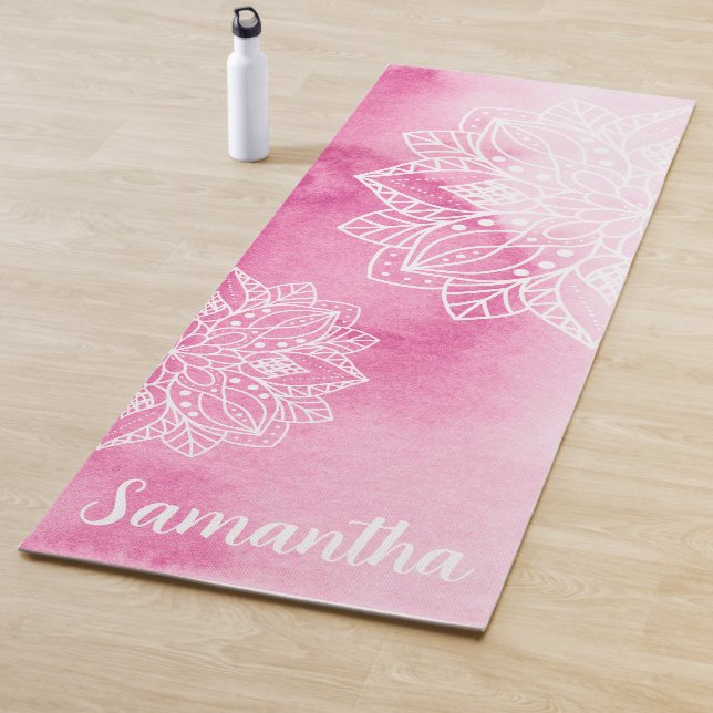 Pink Tie Dye and White Mandala Flowers Custom Name Yoga Mat (In Situ)