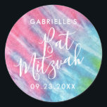 Pink Tie Dye Bat Mitzvah Party Thank You Favour Classic Round Sticker<br><div class="desc">Pink,  Turquoise and Aqua Blue Tie Dye Personalized Sticker for a Hippie Chic Bat Mitzvah with custom name and date text,  is great for invitation envelope seals and favour labels. Part of a collection designed by Paper Grape for Zazzle.</div>