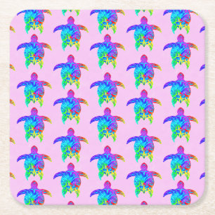 Pink Tie Dye Island Tribal Turtles Square Paper Coaster