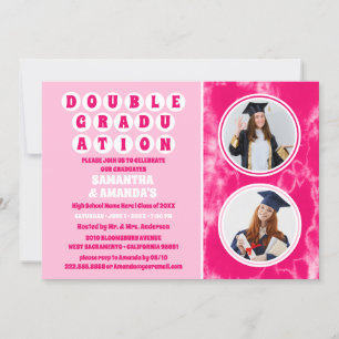 Pink Tie Dye Photo Double Graduation Party Invitation