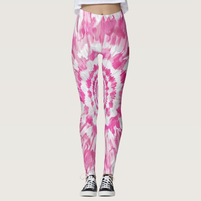 Pink Tie-Dye Spiral Abstract Pattern Leggings (Front)