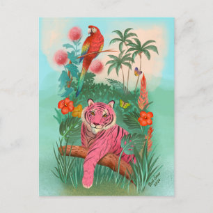 Pink Tiger and Parrot Tropical Jungle Blank Postcard