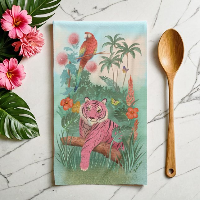 Pink Tiger and Parrot Tropical Jungle Kitchen Towel (Creator Uploaded)