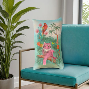 Pink Tiger and Parrot Tropical Jungle Lumbar Pillow