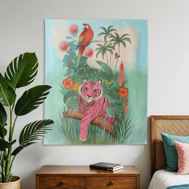 Pink Tiger and Parrot Tropical Jungle Tapestry (Creator Uploaded)