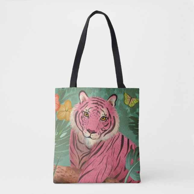 Pink Tiger and Parrot Tropical Jungle Tote Bag (Front)