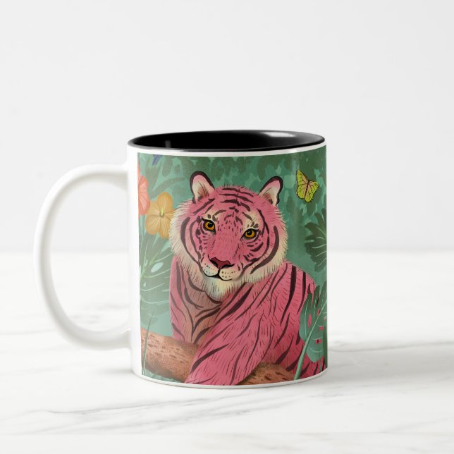 Pink Tiger and Parrot Tropical Jungle Two-Tone Coffee Mug (Left)