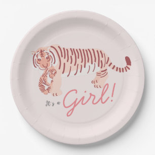 Pink Tiger & Cub Girl Baby Shower Paper Plate