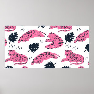 Pink tiger lies in various positions. Tropical lea Poster