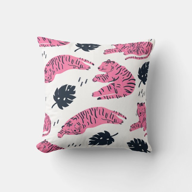 Pink tiger lies in various positions. Tropical lea Throw Pillow (Front)