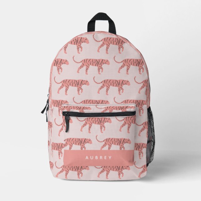 Pink Tiger Pattern Pink Printed Backpack (Front)