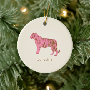 Pink Tiger Personalized Name Preppy Christmas Ceramic Ornament